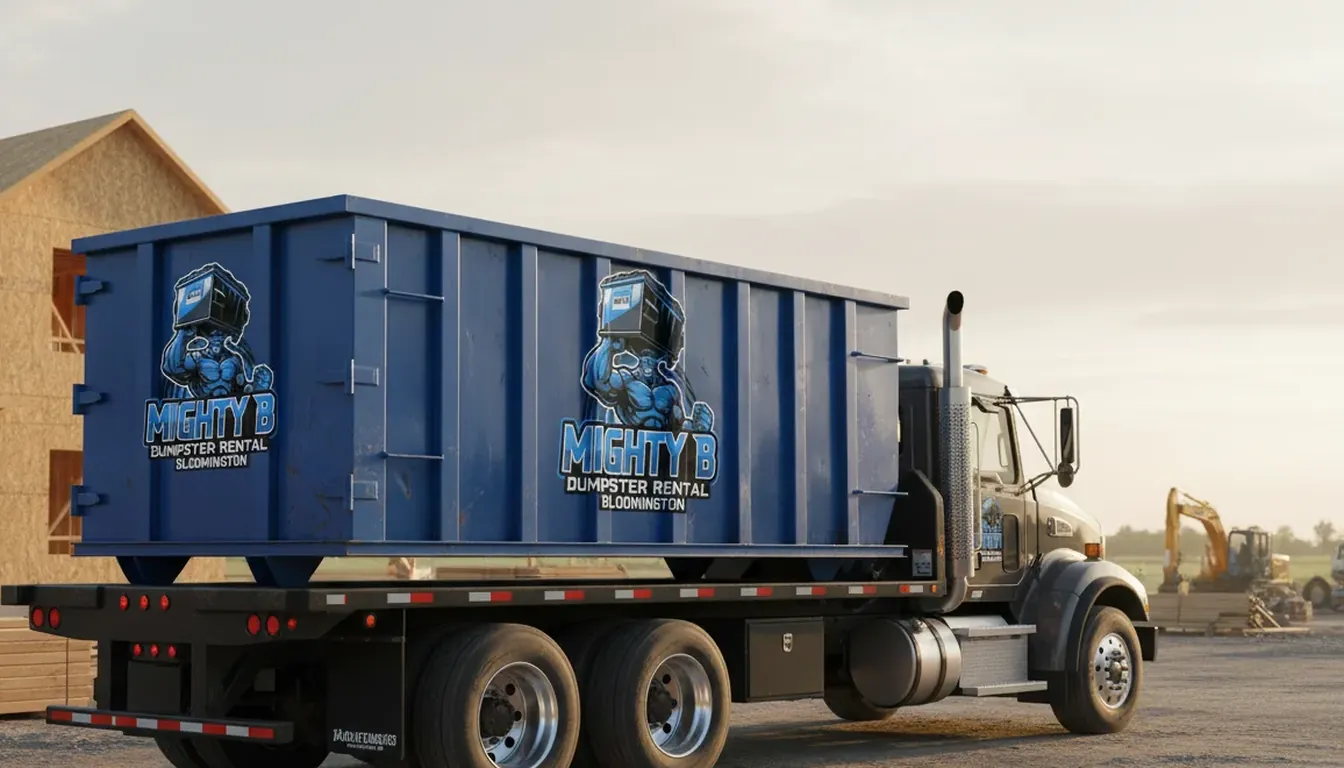 Commercial roll-off container being delivered to a Bloomington business site