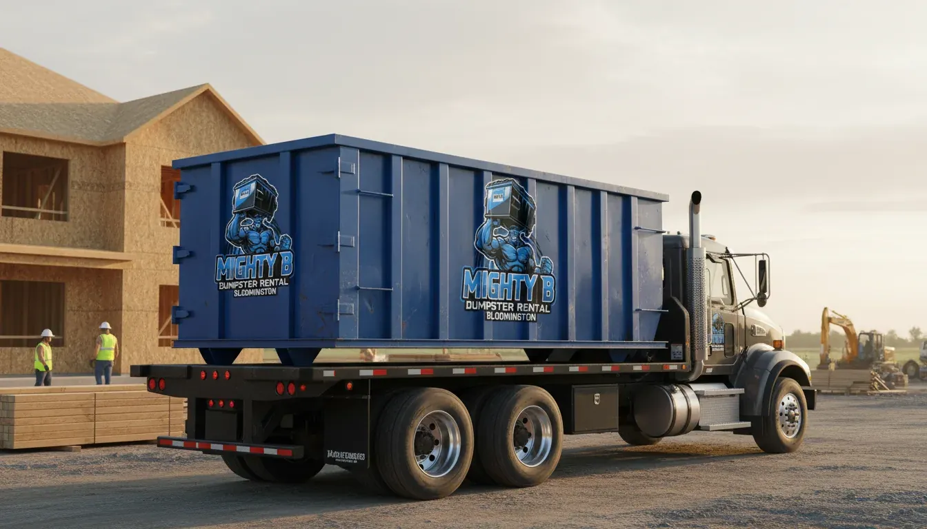Construction dumpster and roll-off truck on a Bloomington, IL build site