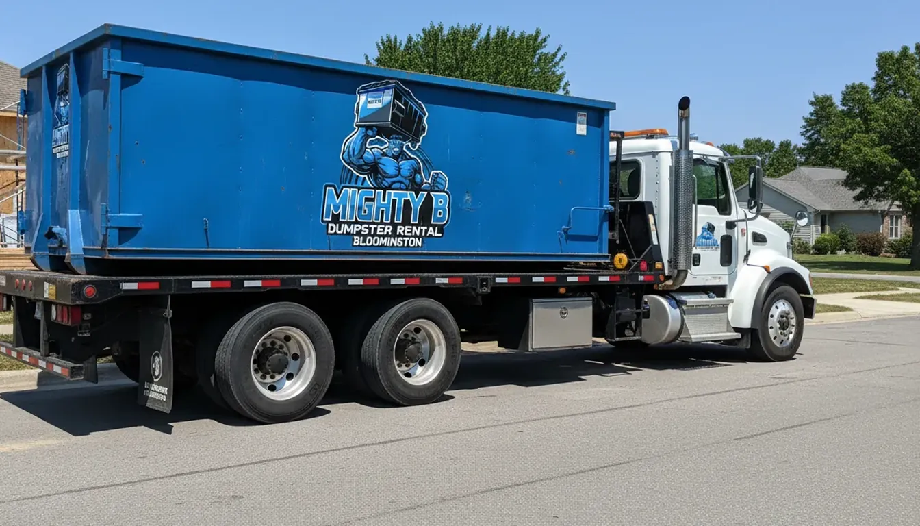 Roll-off truck delivering a dumpster to a property in Bloomington, IL