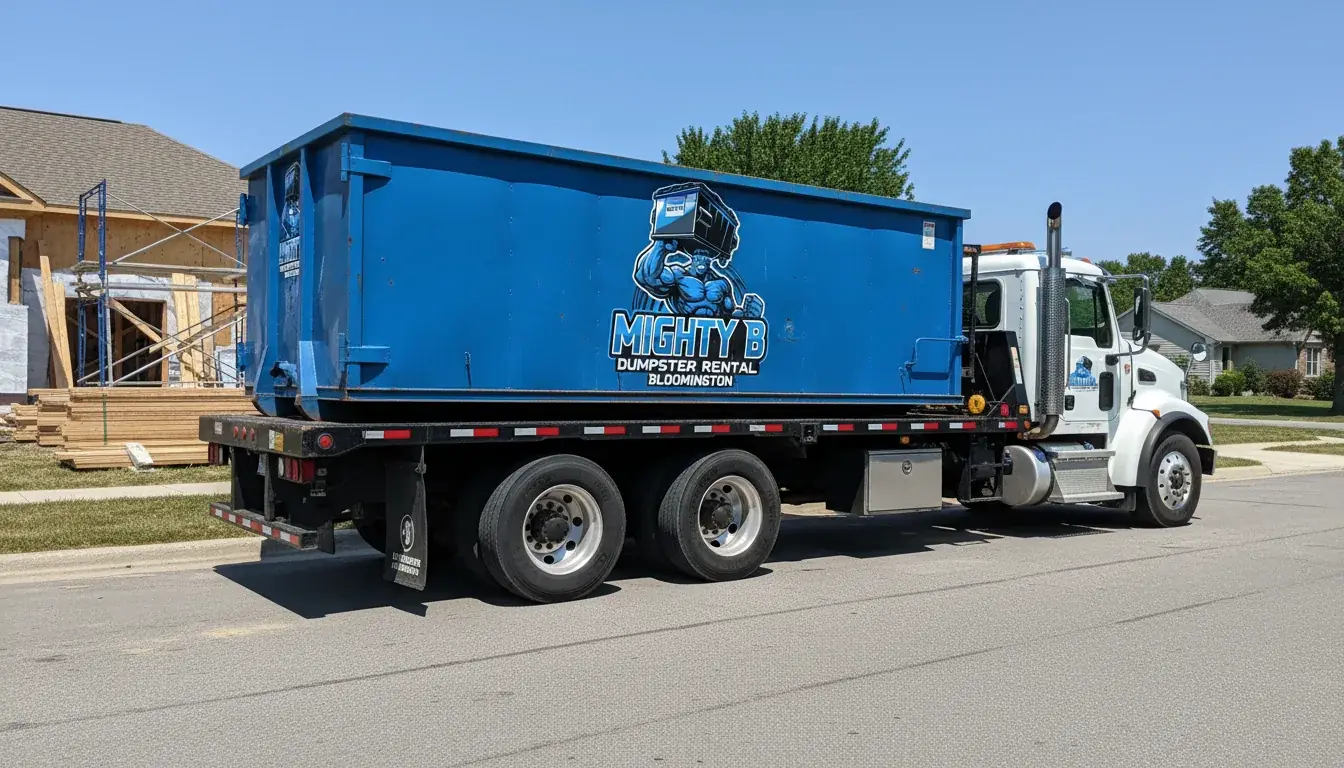 Mighty B roll-off truck carrying a blue dumpster on a residential street in Bloomington, IL