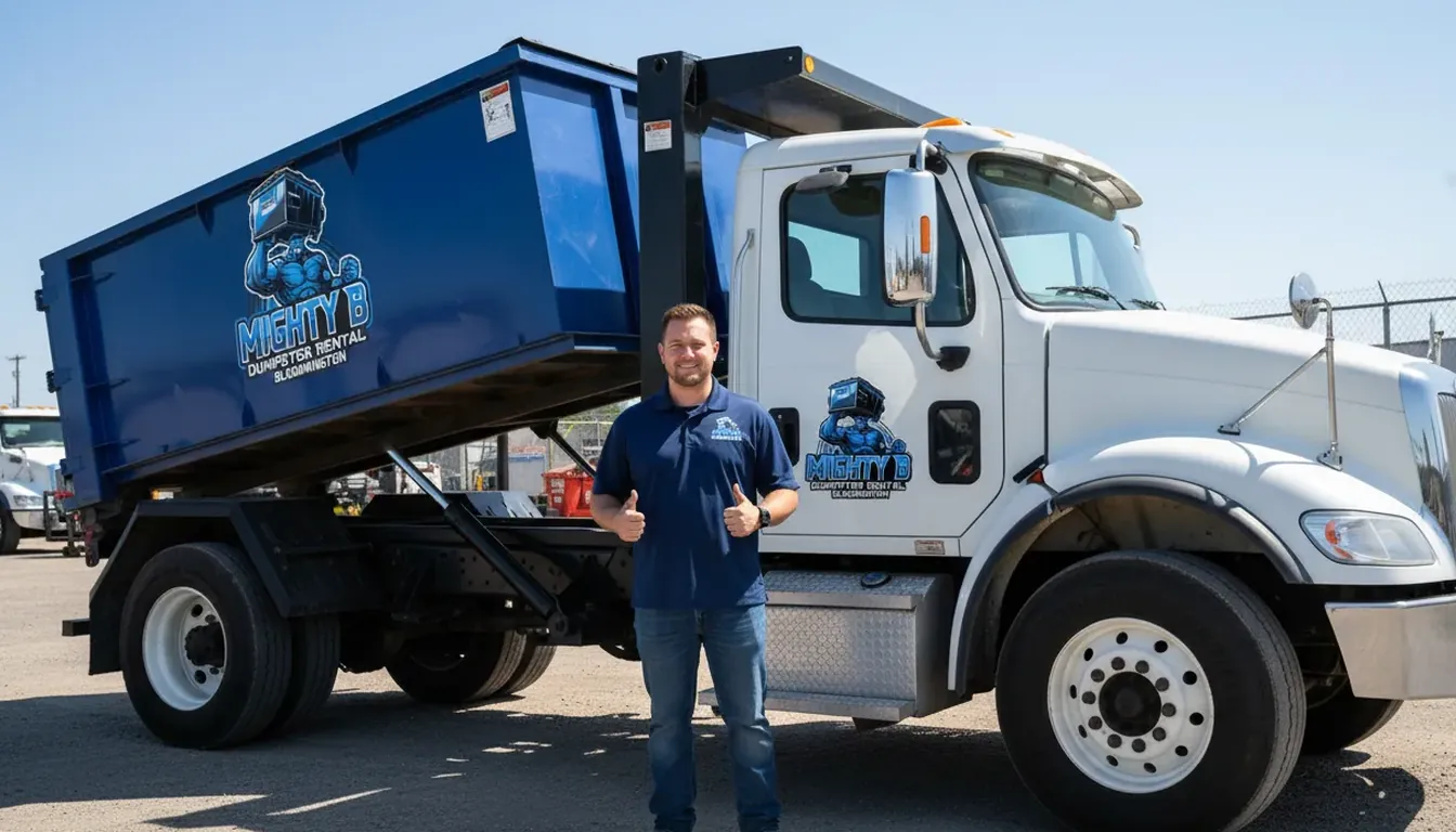 Mighty B Dumpster Rental owner standing in front of a roll-off truck in Bloomington