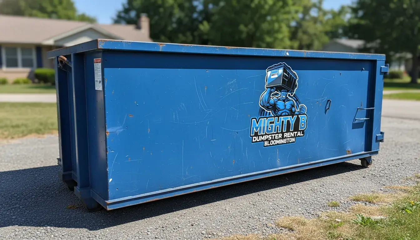 Branded blue residential roll-off dumpster placed beside a home in Bloomington, IL
