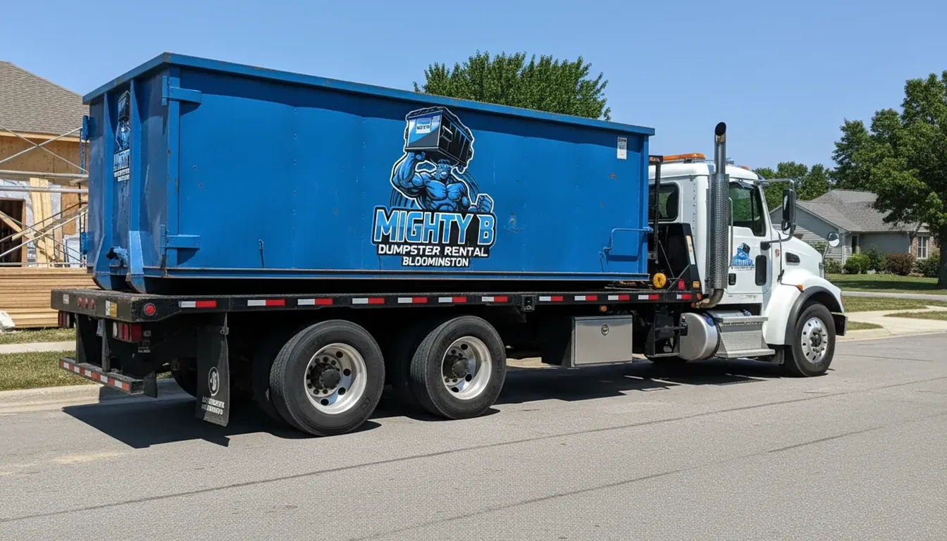 Roll-off dumpster loaded on a Mighty B truck in Bloomington, Illinois