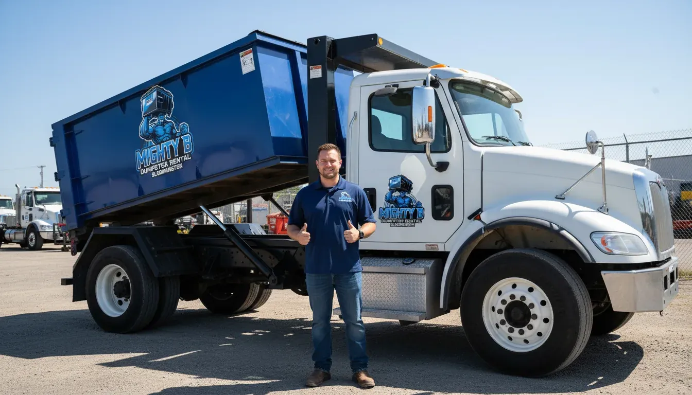 Mighty B driver in front of a roll-off truck ready for same-day delivery in Bloomington