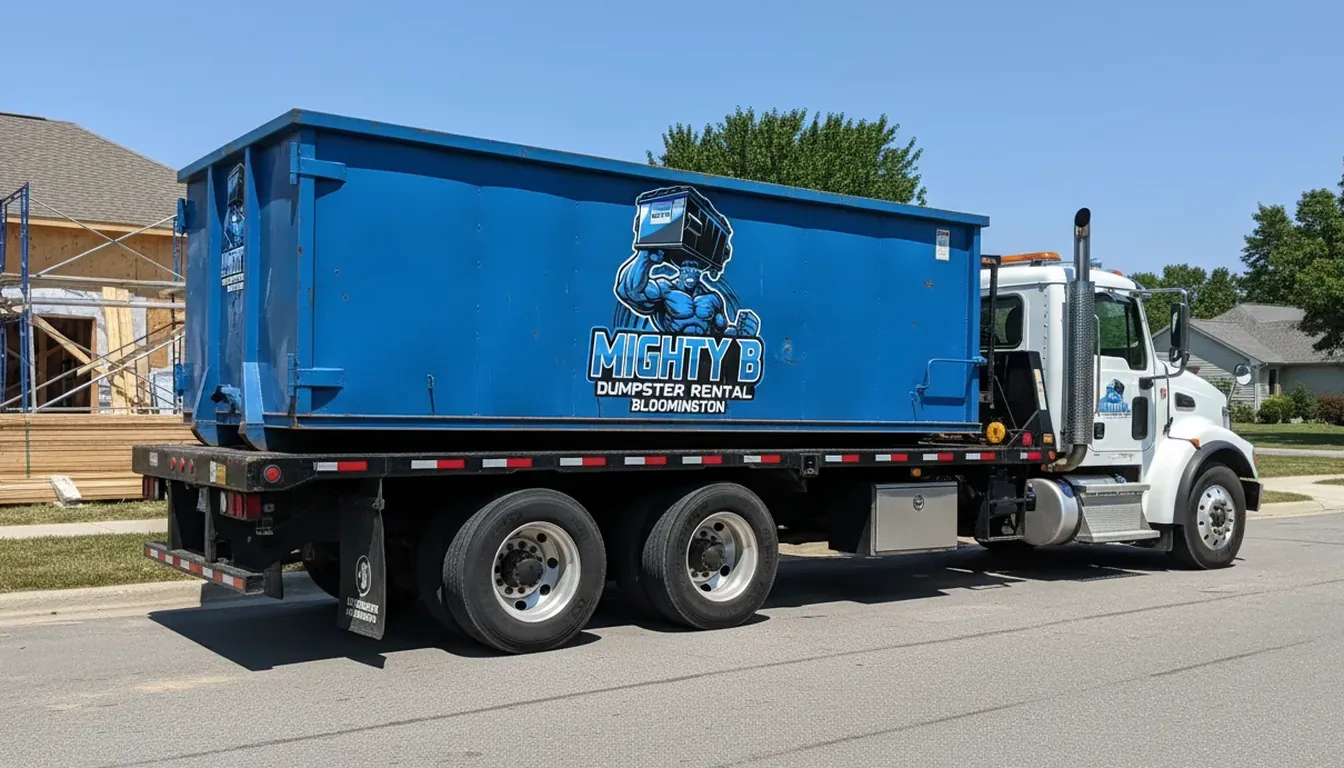 Roll-off truck delivering a storm debris container in McLean County, Illinois