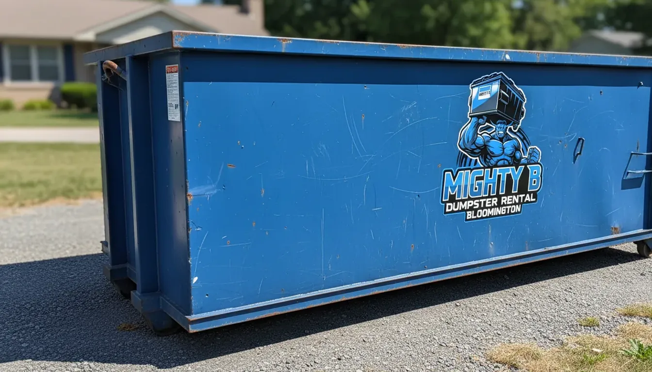 Roll-off container set on grass for brush and yard waste clearance near Bloomington